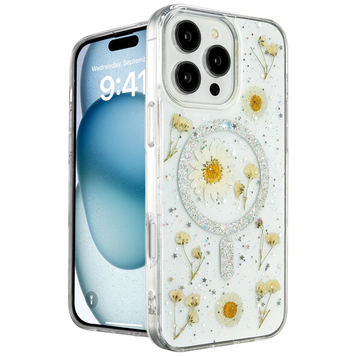 iPhone 16 Pro Max Kılıf Daisy Simli Magsafe Kapak - Gümüş