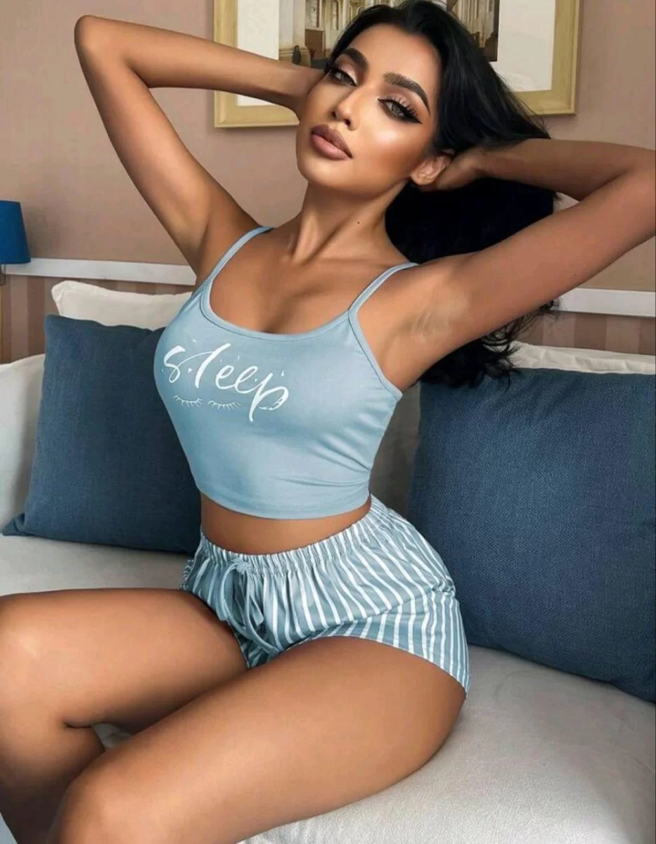 Kadın Mavi ÇİZGİLİDesenli Askılı Şortlu Pijama Takım 9001