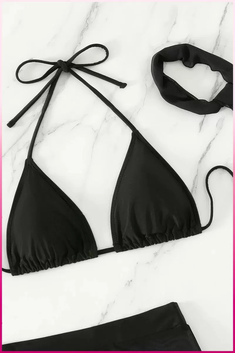 Siyah Askılı Bikini Takımı + Ayarlanabilir Büzgülü Etek – Tatil Stili