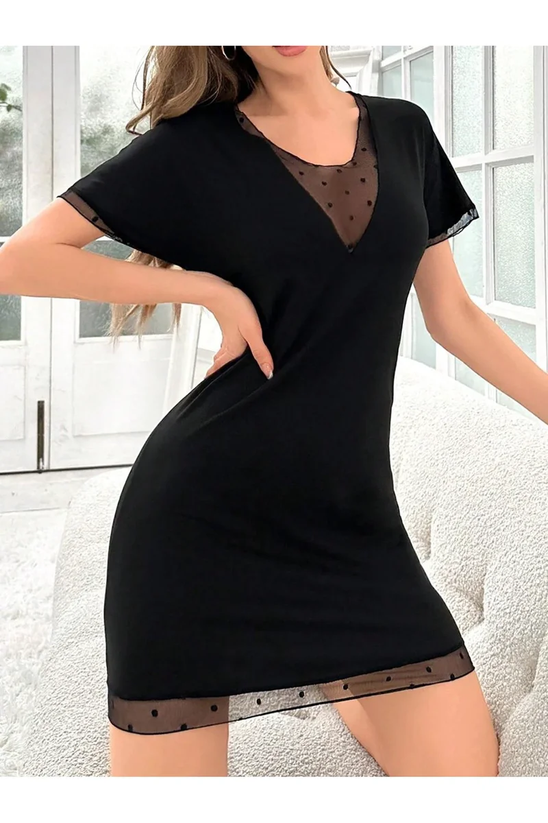 Siyah Salaş Derin V Yaka Mini Gecelik