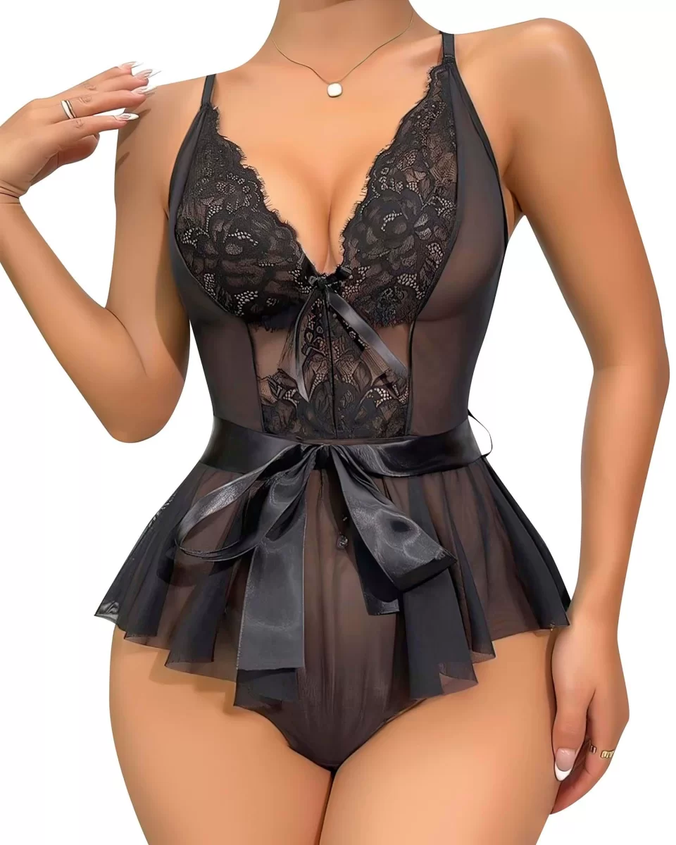 Siyah Dantel İşlemeli Kurdelalı Fantezi Tül Babydoll