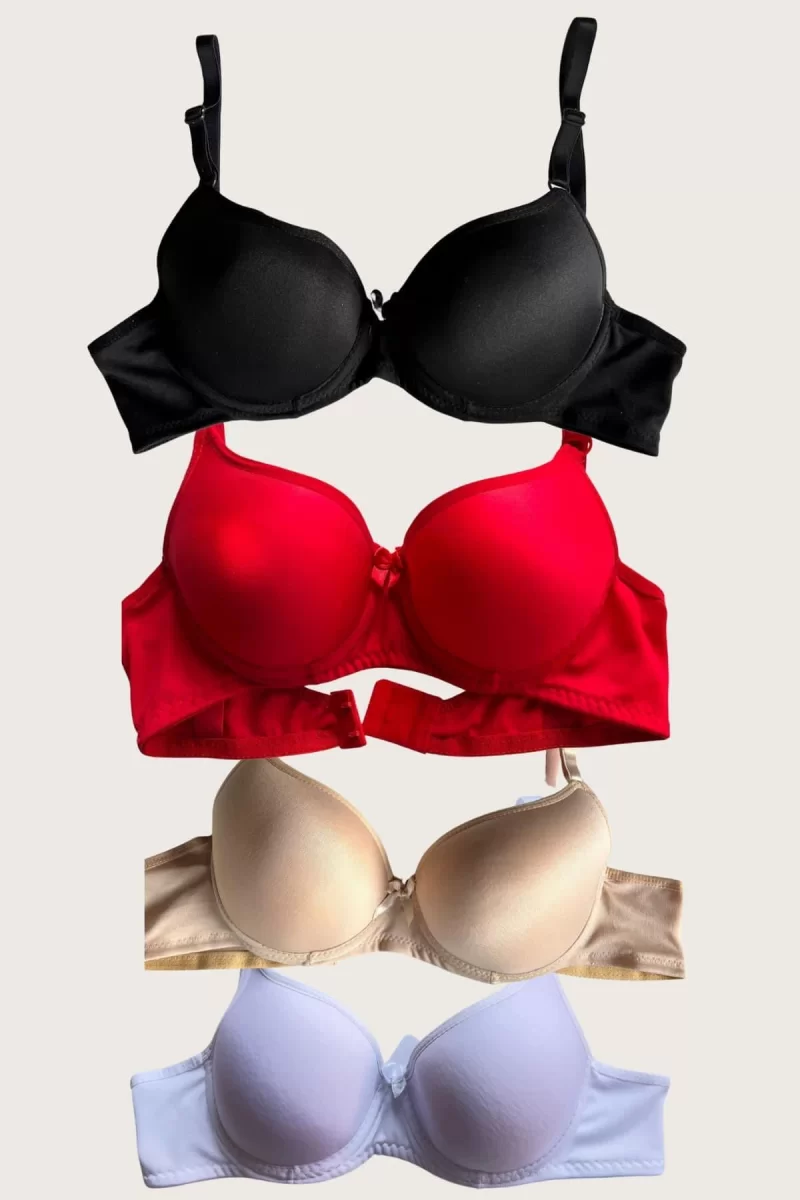 Siyah-Beyaz-Kırmızı-Ten 4'lü Dolgulu Push Up Micro Balenli Günlük Tek Destekli Sütyen