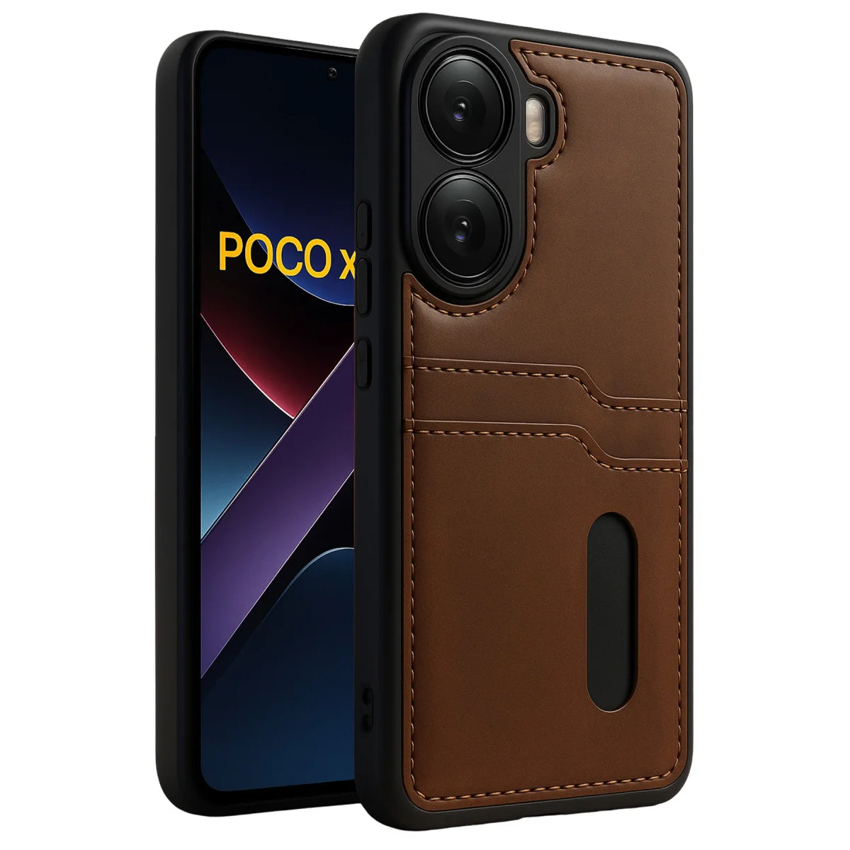 Poco X7 Pro Kılıf Sara Kartvizitli Deri Kılıf - Taba