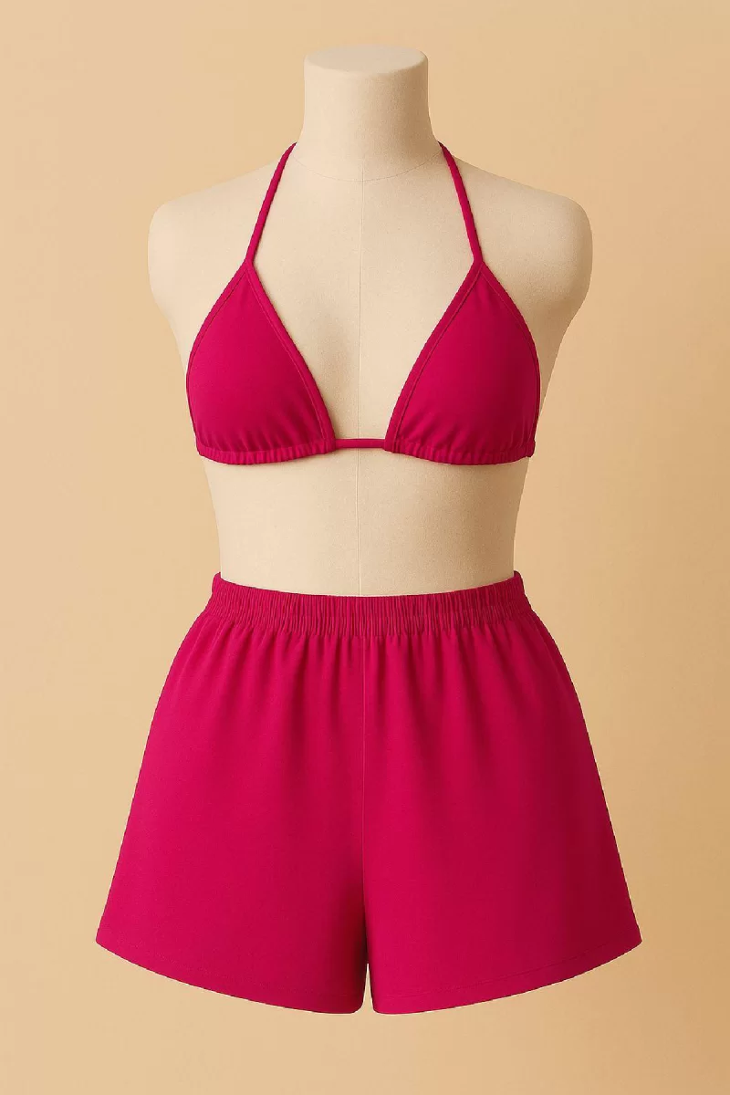 Kadın Fuşya Şortlu Belden ve Boyundan Bağlamalı Bikini Takımı