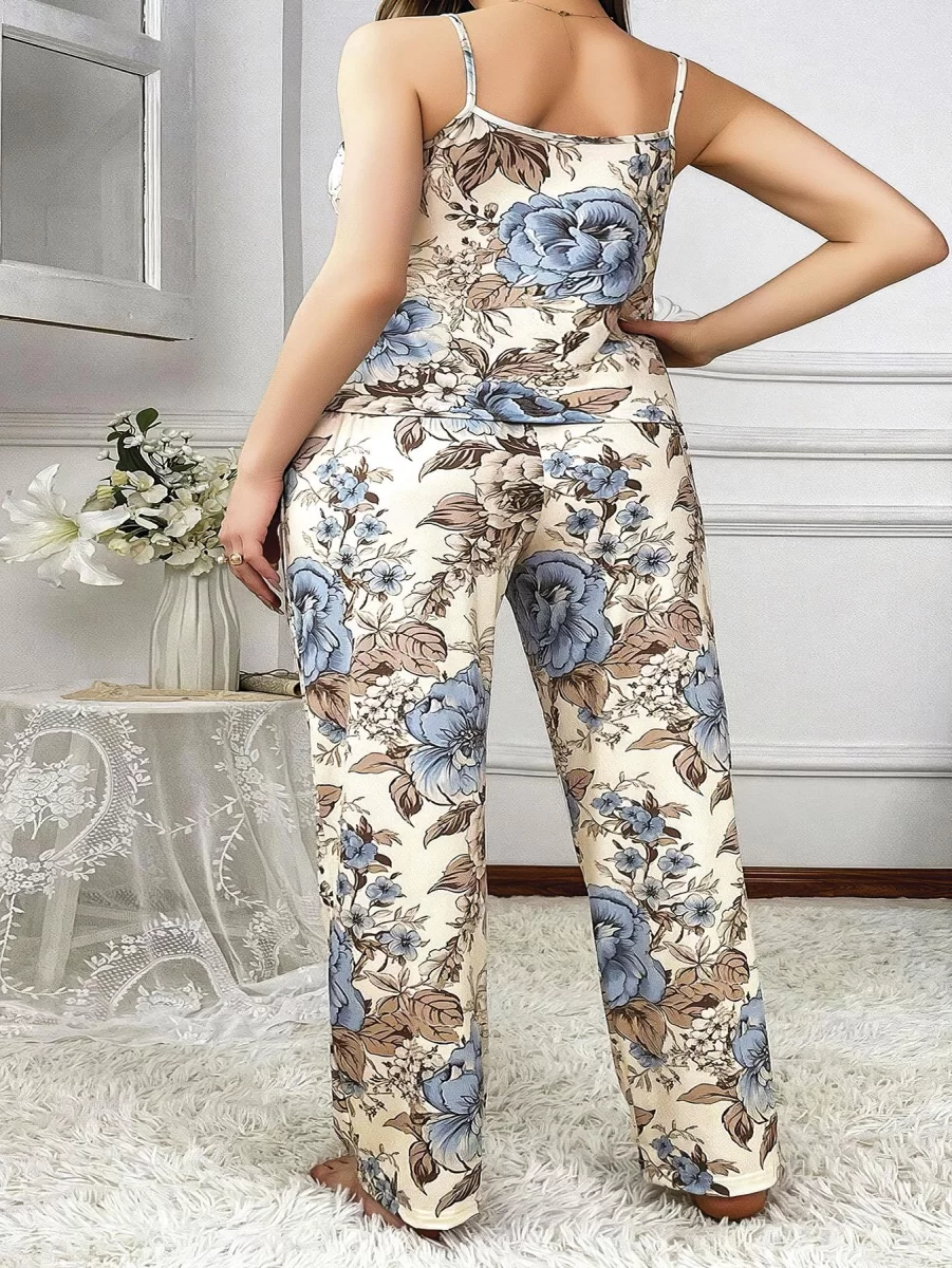 Büyük Beden Mavi Çiçek Desenli İnce Askılı 2'li Saten Pijama