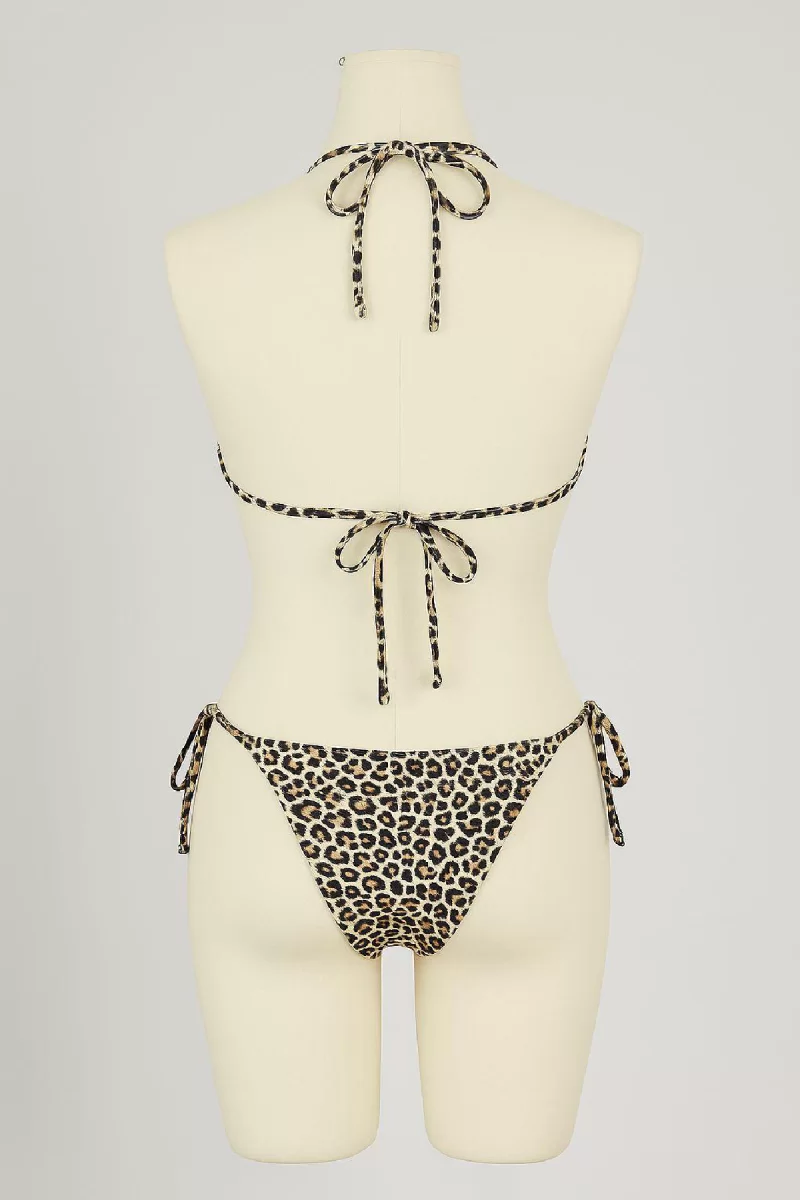 Kadın Siyah ve Leopar Detaylı Yandan Bağlamalı Bikini Takımı