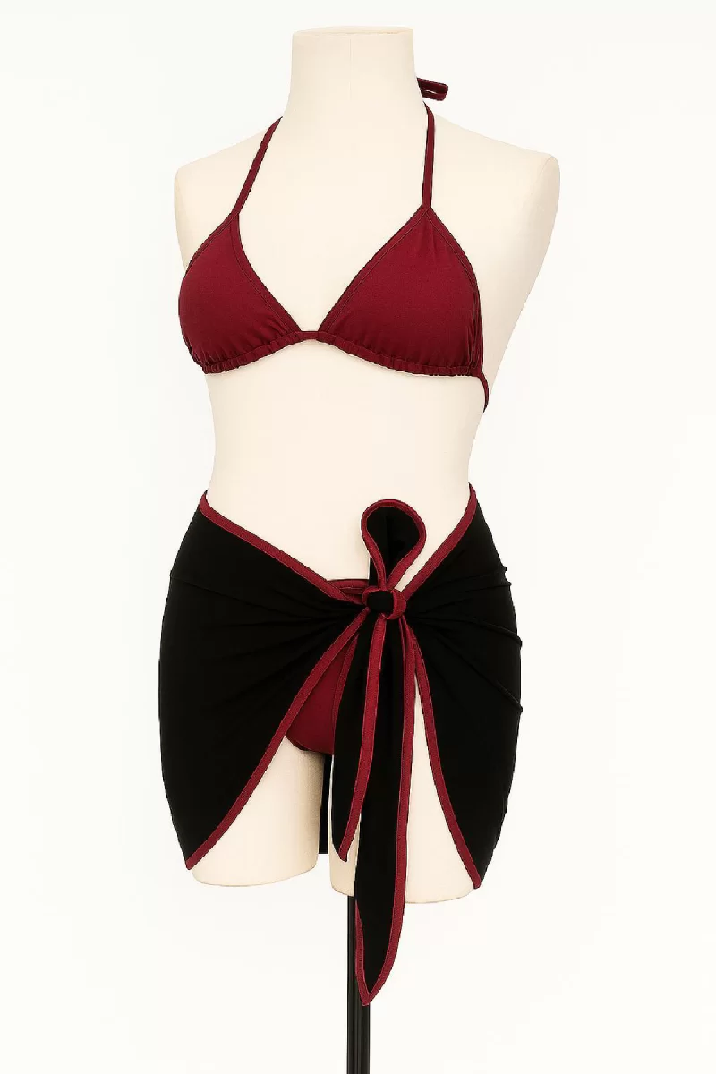 Kadın Bordo Siyah Pareolu Yandan ve Boyundan Bağlamalı 3'lü Bikini Takımı
