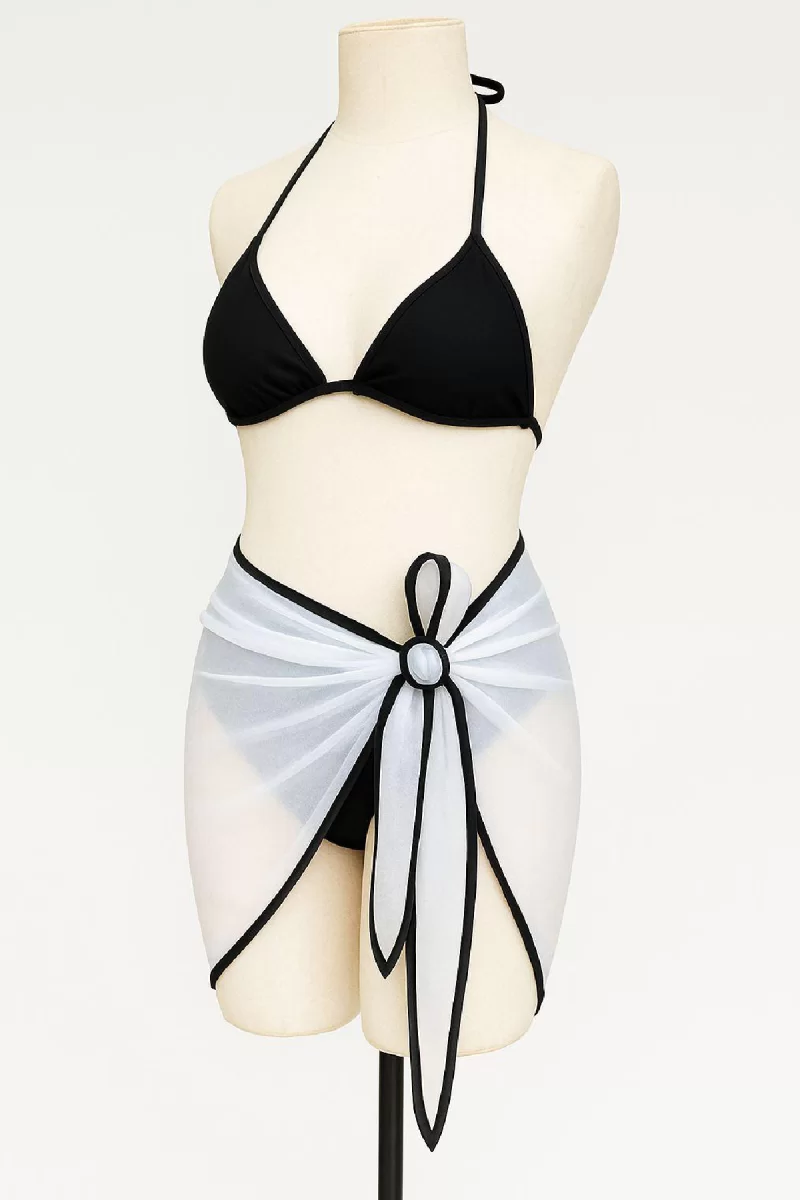 Kadın Siyah Beyaz Pareolu Yandan ve Boyundan Bağlamalı 3'lü Bikini Takımı