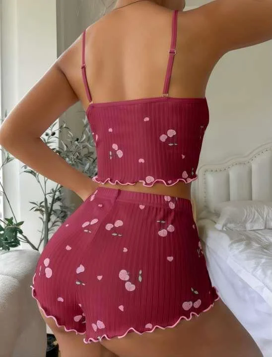 Bordo Kiraz Desenli Askılı Şortlu Pijama Takımı