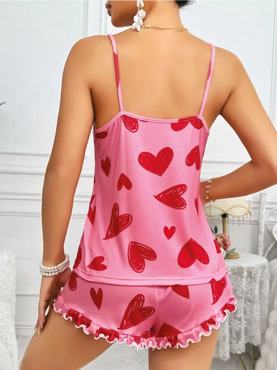 Kadın Pembe Kalp Baskılı Şortlu Gecelik Pijama Takımı 5050