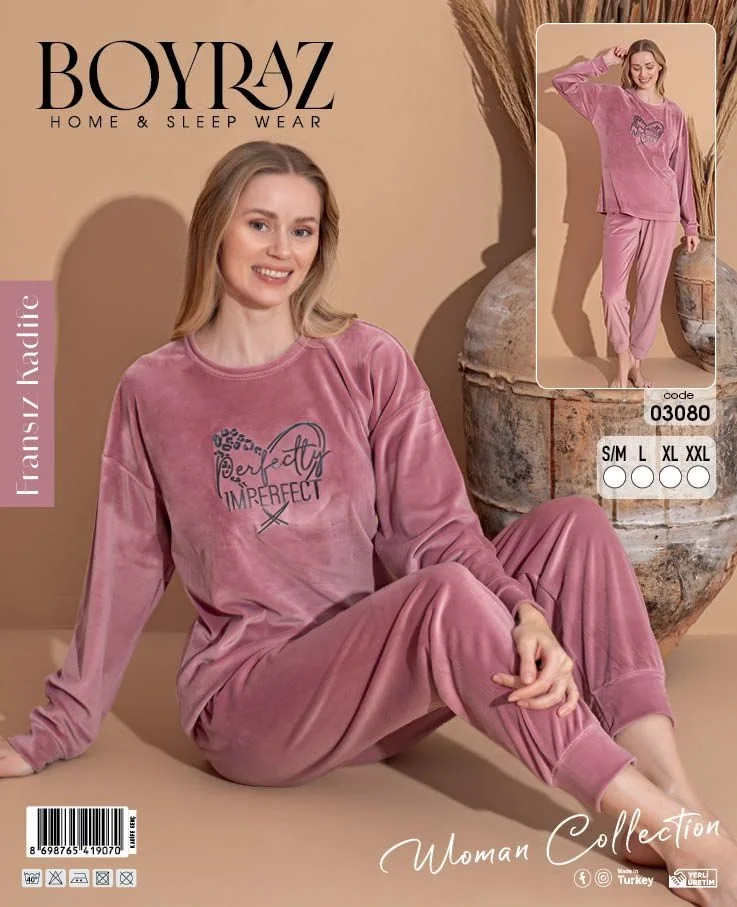 Boyraz 03080 Fransız Kadife Kumaş Uzun Kol Pijama Takımı