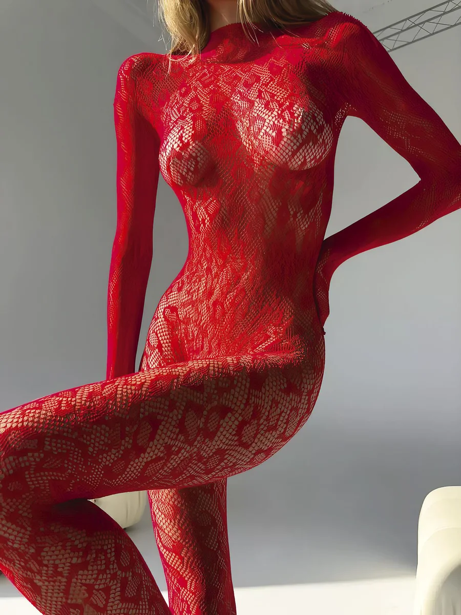 Özel Tasarım Kırmızı Sırt Dekolteli Fantezi Body Vücut Çorabı
