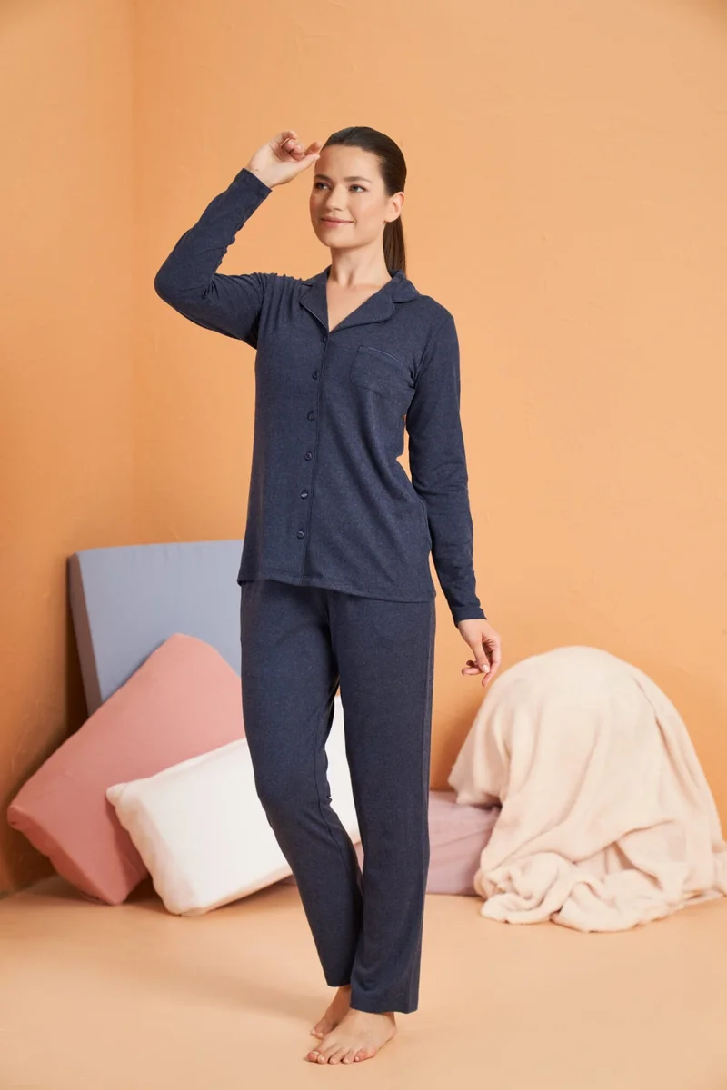 PJS 28090 Kadın Gömlek Yaka Patlı Pijama Takımı