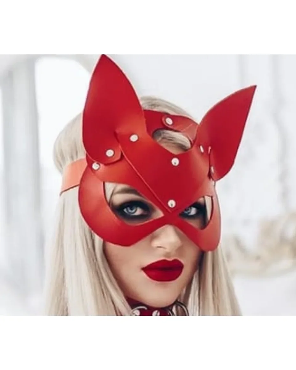 Fantezi Deri Seksi Kırmızı Kedi Maske Kelepçe Kırbaç Seti ( 3'lü set)