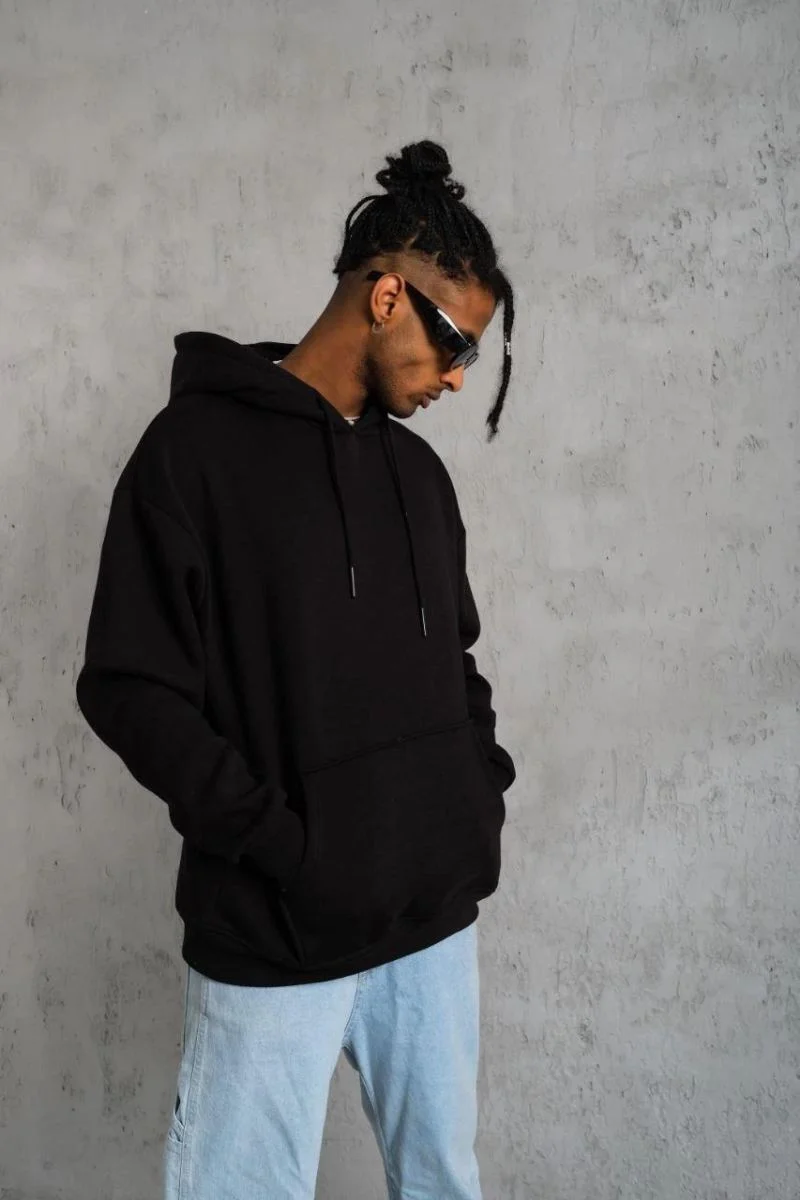 Erkek 3 İplik Pamuklu Kapüşonlu Kanguru Cepli Sweatshirt Hoodie -  Siyah