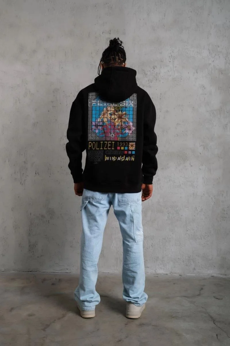 Erkek 3 İplik Pamuklu Kapüşonlu Baskılı Cepli Oversize Sweatshirt Hoodie - Siyah