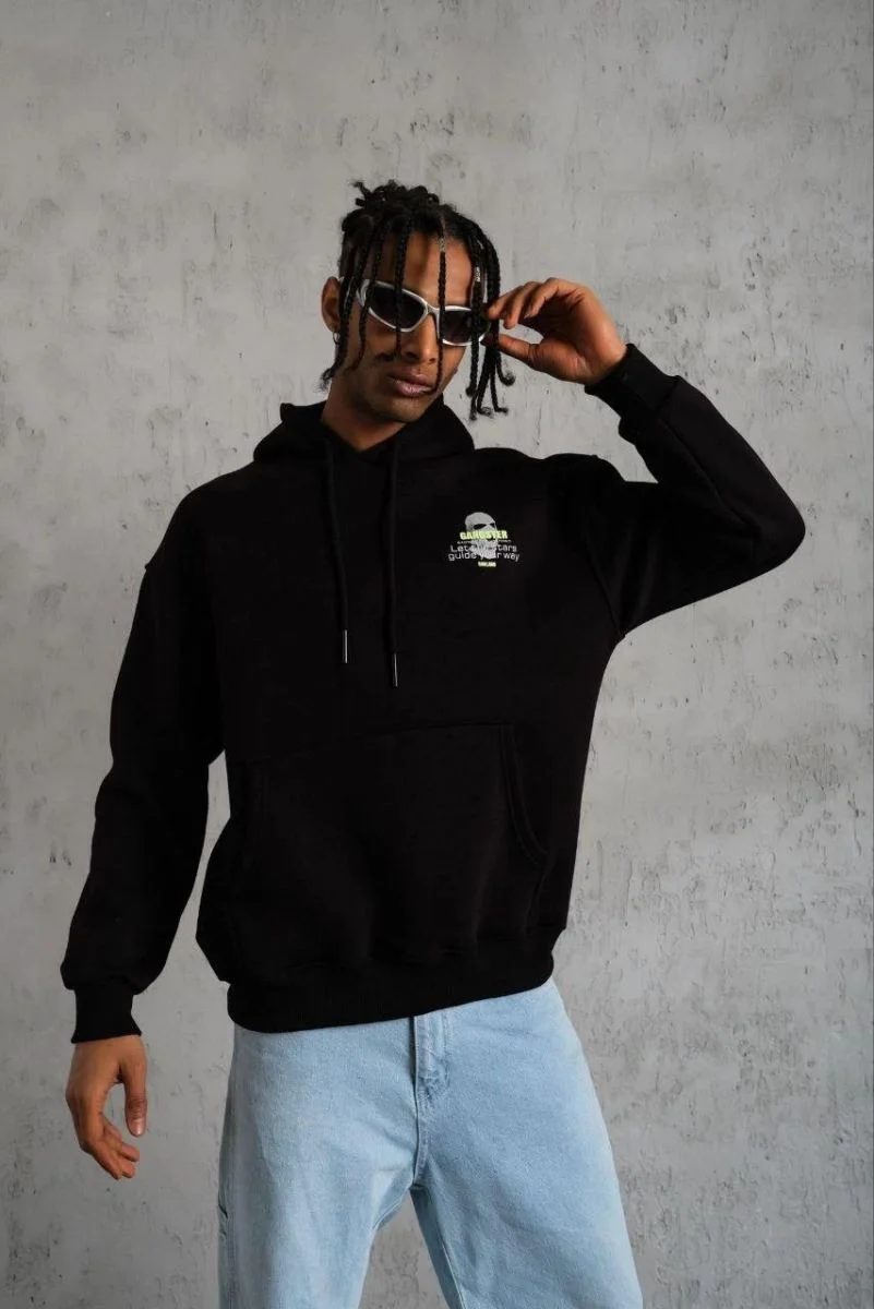 Erkek Baskılı Kapüşonlu 3 iplik pamuklu hoodie Sweatshirt - Siyah