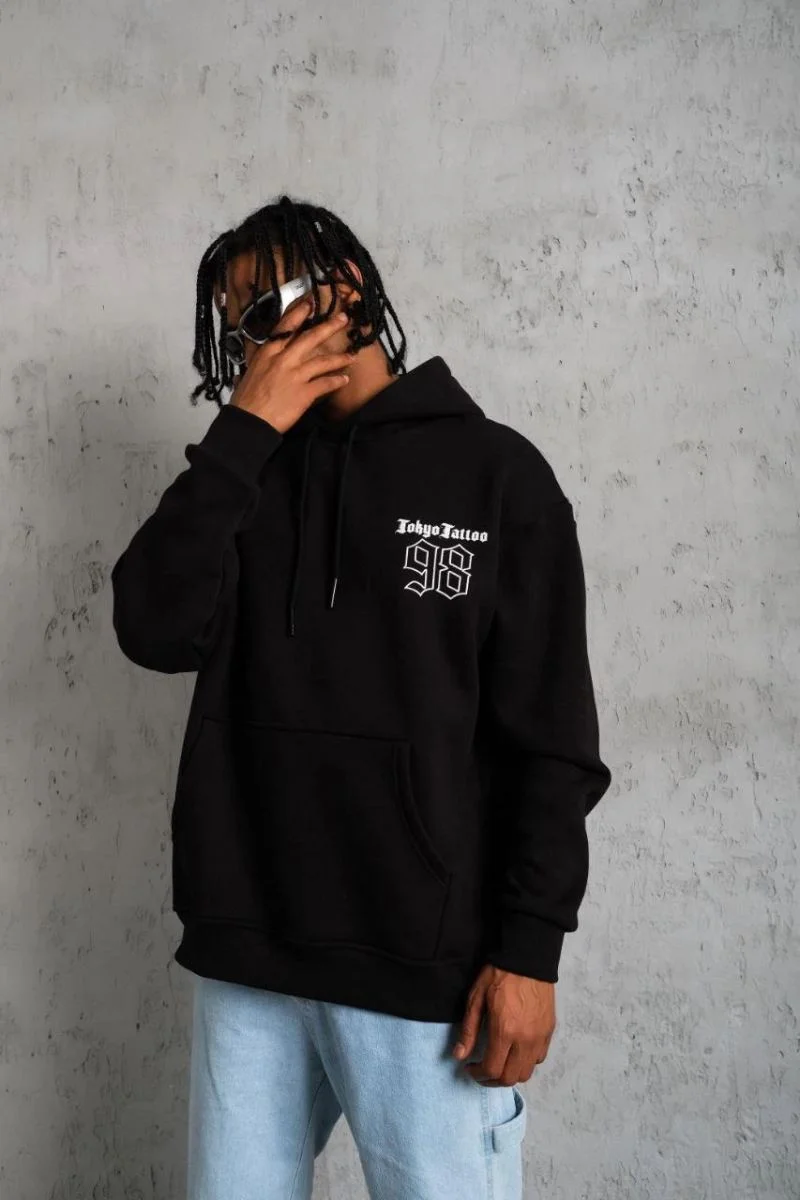 Erkek 98 Baskılı Kapüşonlu 3 iplik pamuklu hoodie Sweatshirt - Siyah