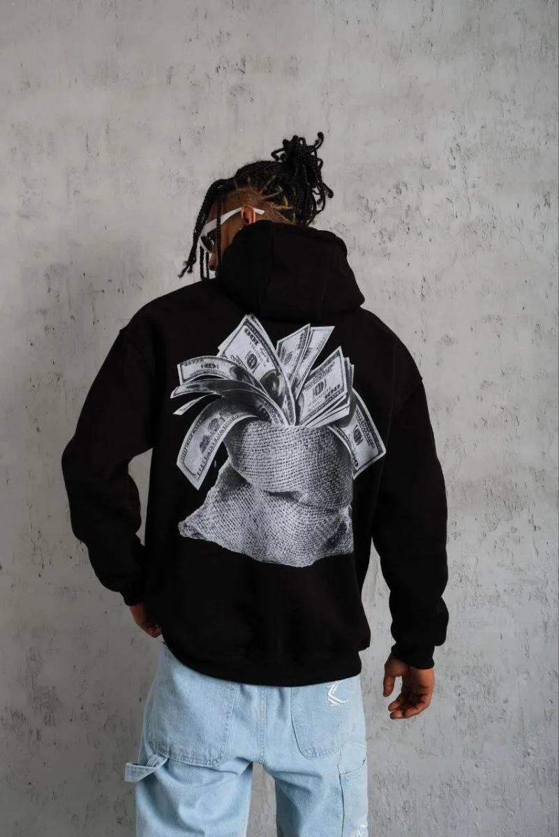 Erkek 3 İplik Pamuklu Kapüşonlu Baskılı Cepli Oversize Sweatshirt Hoodie - Siyah
