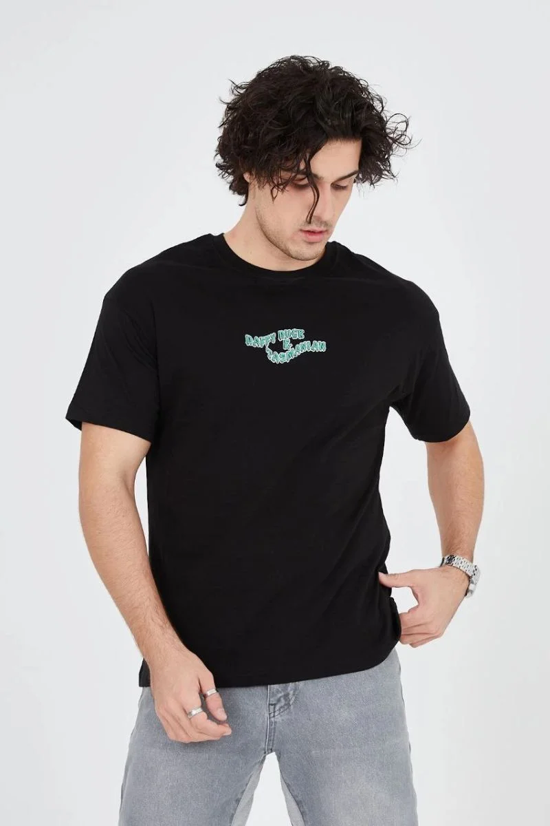 Erkek Baskılı T-Shirt Kısa Kol Bisiklet Yaka Regular Fit Rahat Kalıp Günlük Tişört - Siyah