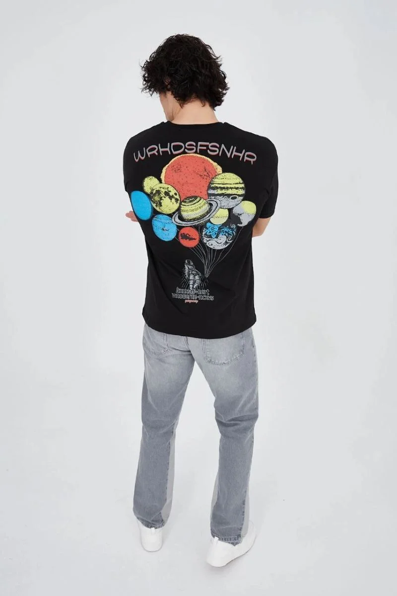 Erkek Baskılı T-Shirt Kısa Kol Bisiklet Yaka Regular Fit Rahat Kalıp Günlük Tişört - Siyah