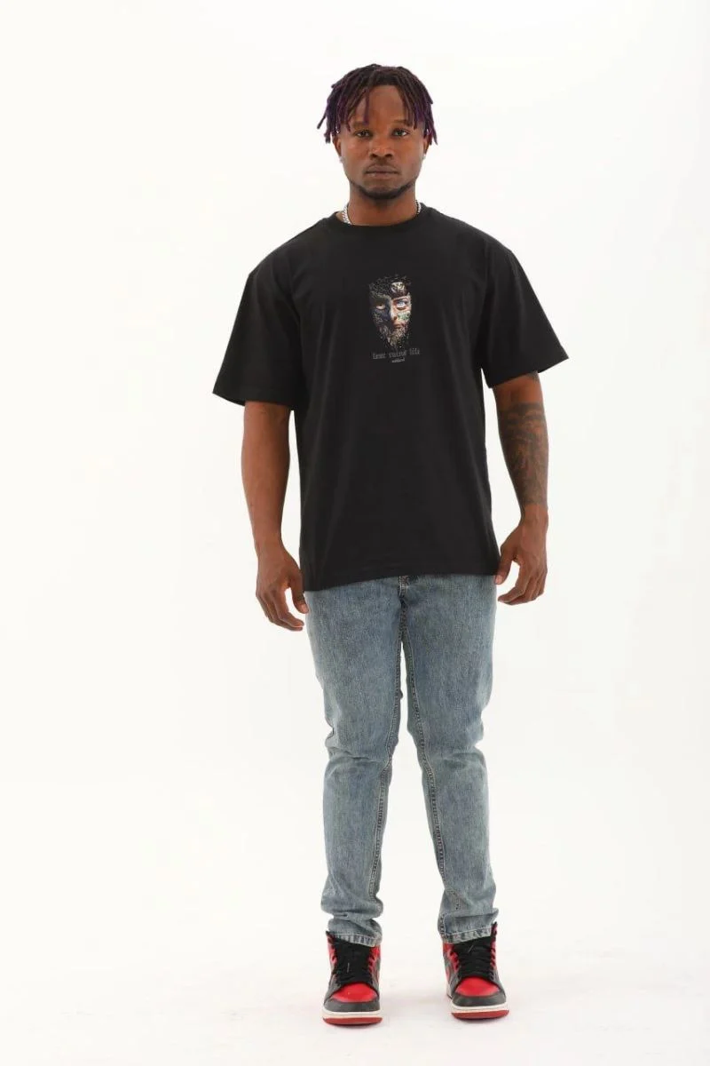 Erkek Baskılı T-Shirt Kısa Kol Bisiklet Yaka Regular Fit Rahat Kalıp Günlük Tişört - Siyah