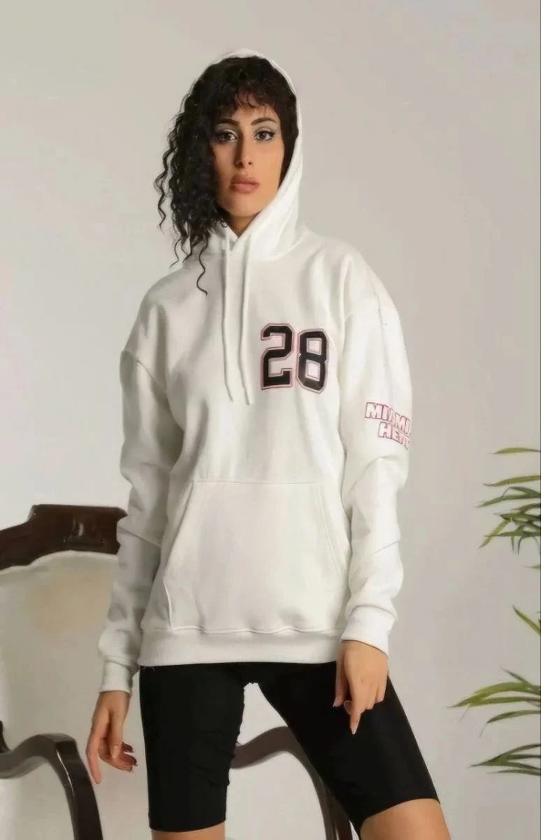 Kadın Oversize Kapüşonlu Cepli Baskılı 3 İplik Pamuklu Hoodie Sweatshirt - Beyaz