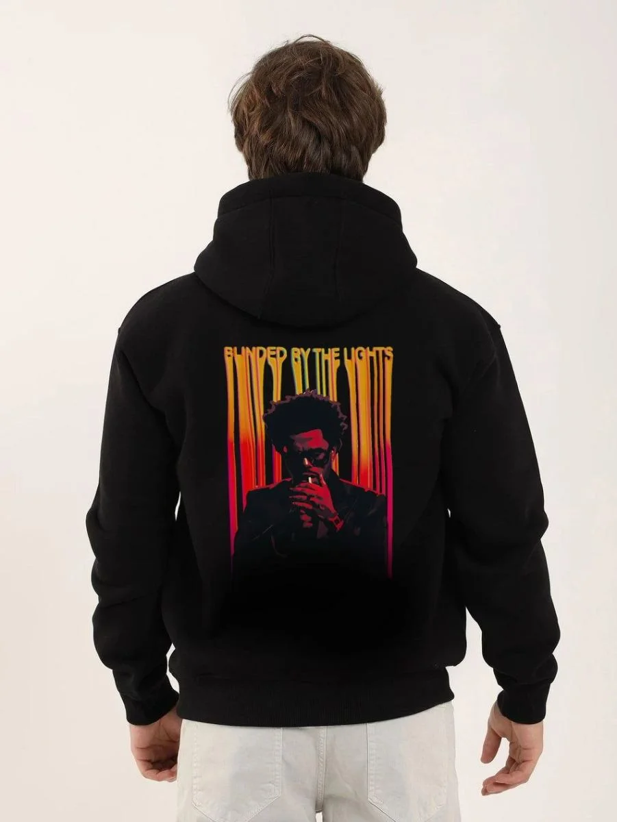 Erkek 3 İplik Pamuklu Kapüşonlu Baskılı Cepli Oversize Sweatshirt Hoodie - Siyah