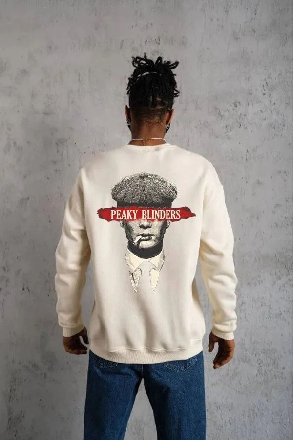 ERKEK 3 İplik Pamuklu Bisiklet Yaka Baskılı Oversize Sweatshirt - Beyaz