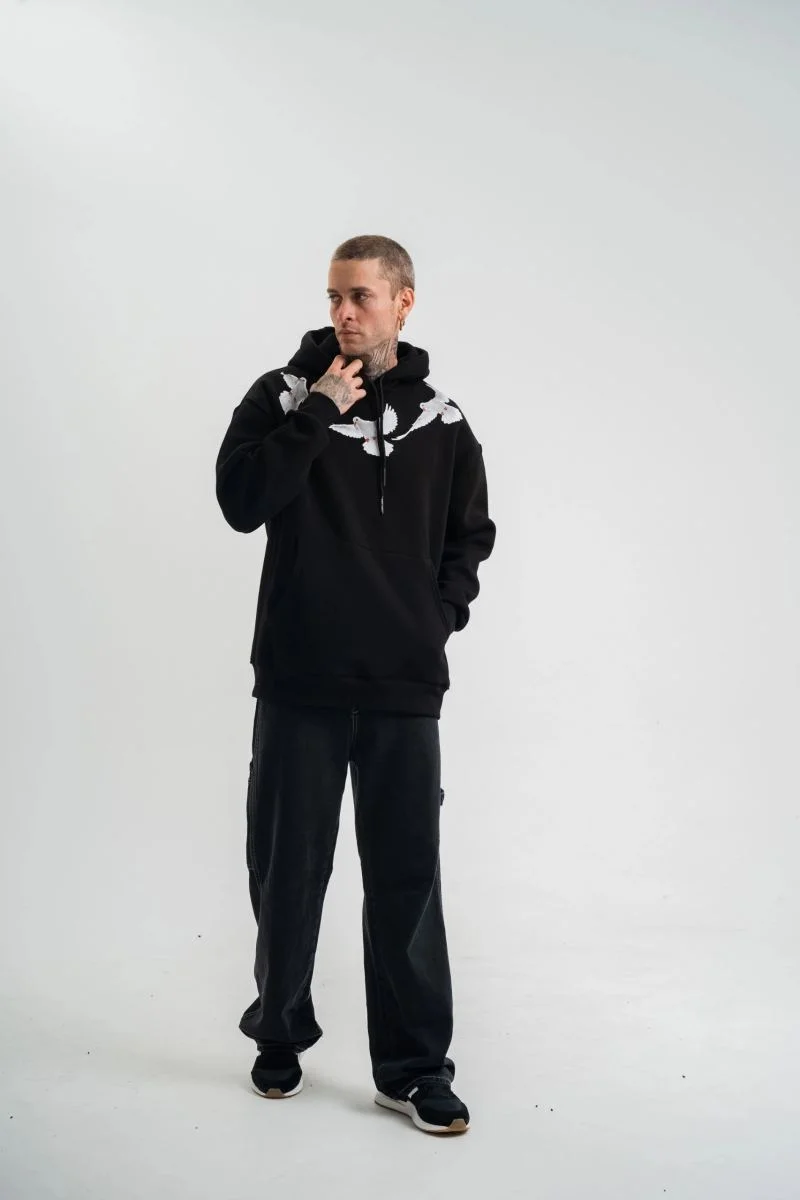 Erkek 3 İplik Pamuklu Kapüşonlu Baskılı Cepli Oversize Sweatshirt Hoodie - Siyah