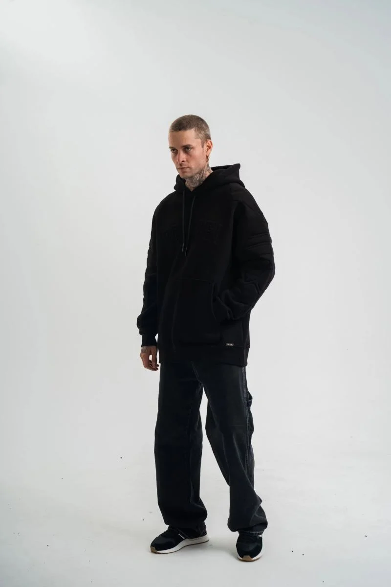 Erkek 3 İplik Pamuklu Oversize Kapüşonlu Nakışlı Hoodie SweatShirt - Siyah