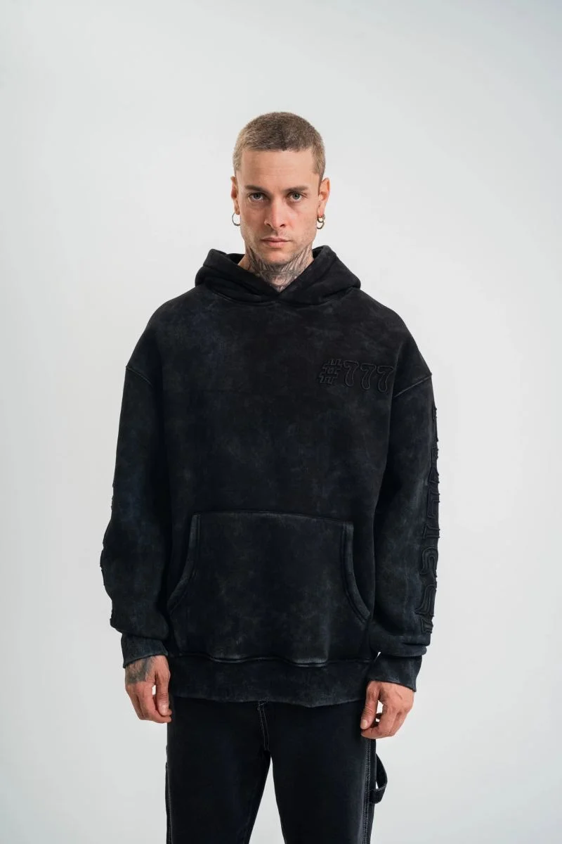 ERKEK 3 iplik Pamuklu Kapüşonlu Yıkamalı Nakışlı Hoodie SweatShirt - Siyah
