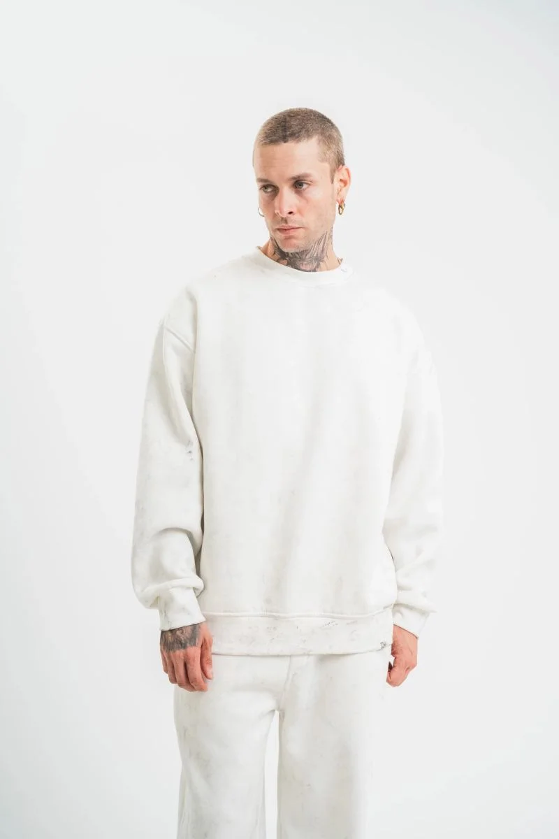 ERKEK 3 İplik Pamuklu Bisiklet Yaka Yıkamalı SweatShirt - Beyaz