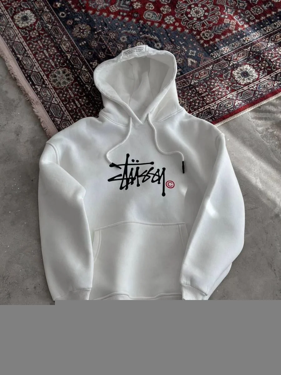 Kadın Oversize Kapüşonlu Cepli Baskılı 3 İplik Pamuklu Hoodie Sweatshirt - Beyaz