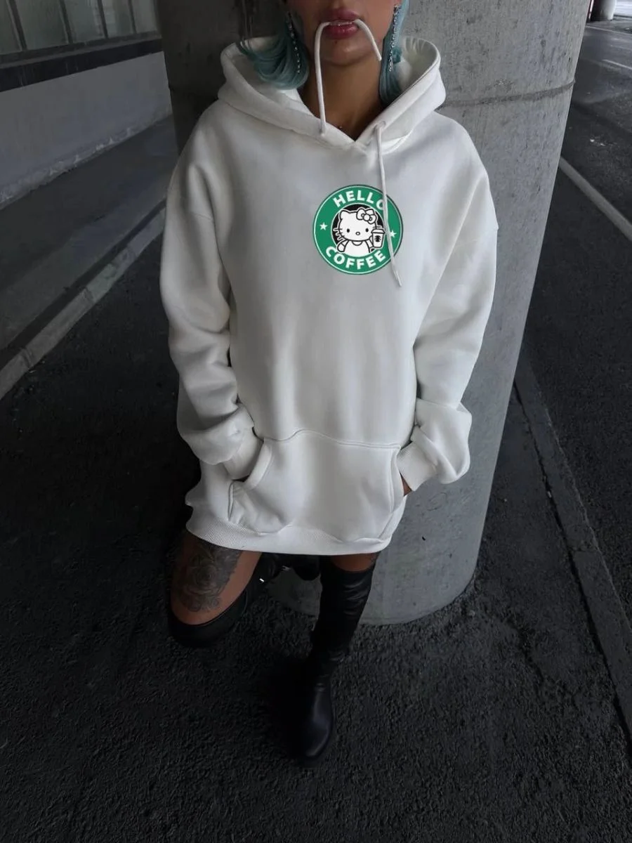 Kadın Oversize Kapüşonlu Kanguru Cepli Baskılı 3 İplik Pamuklu Sweatshirt Hoodie -   Beyaz