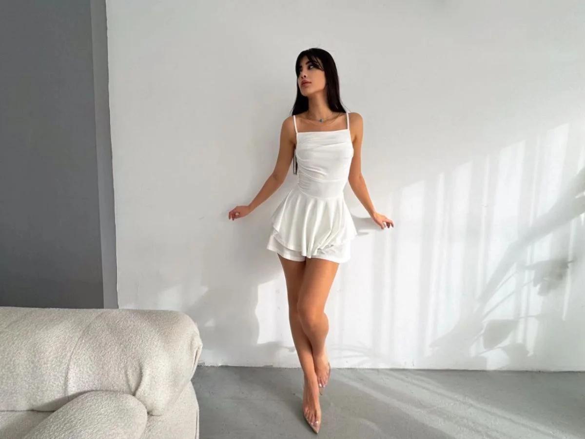 Kadın Askılı Tulum Elbise - Beyaz