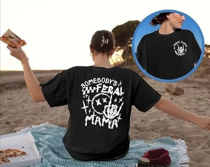 Kadın Baskılı T-Shirt Kısa Kol Bisiklet Yaka Oversize Rahat Kalıp Tişört - Siyah