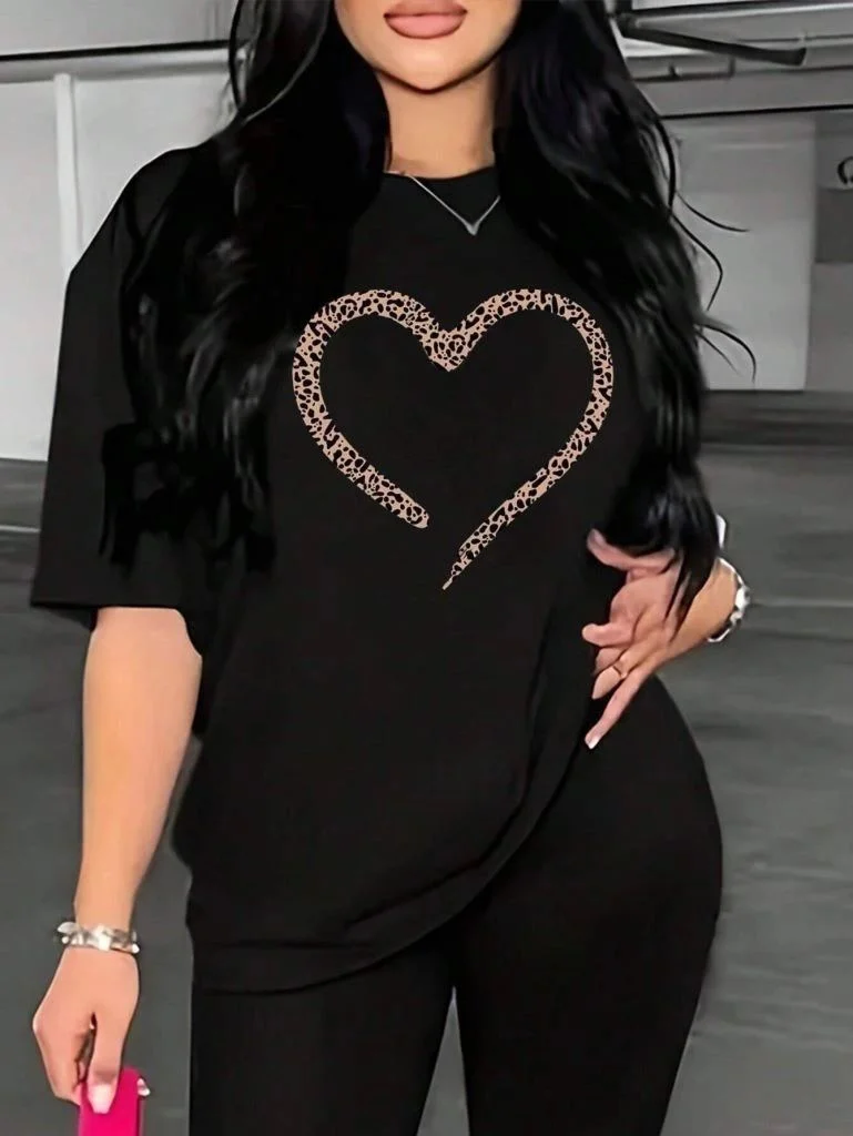Kadın Kalp Baskılı T-Shirt Kısa Kol Bisiklet Yaka Oversize Tişört - Siyah