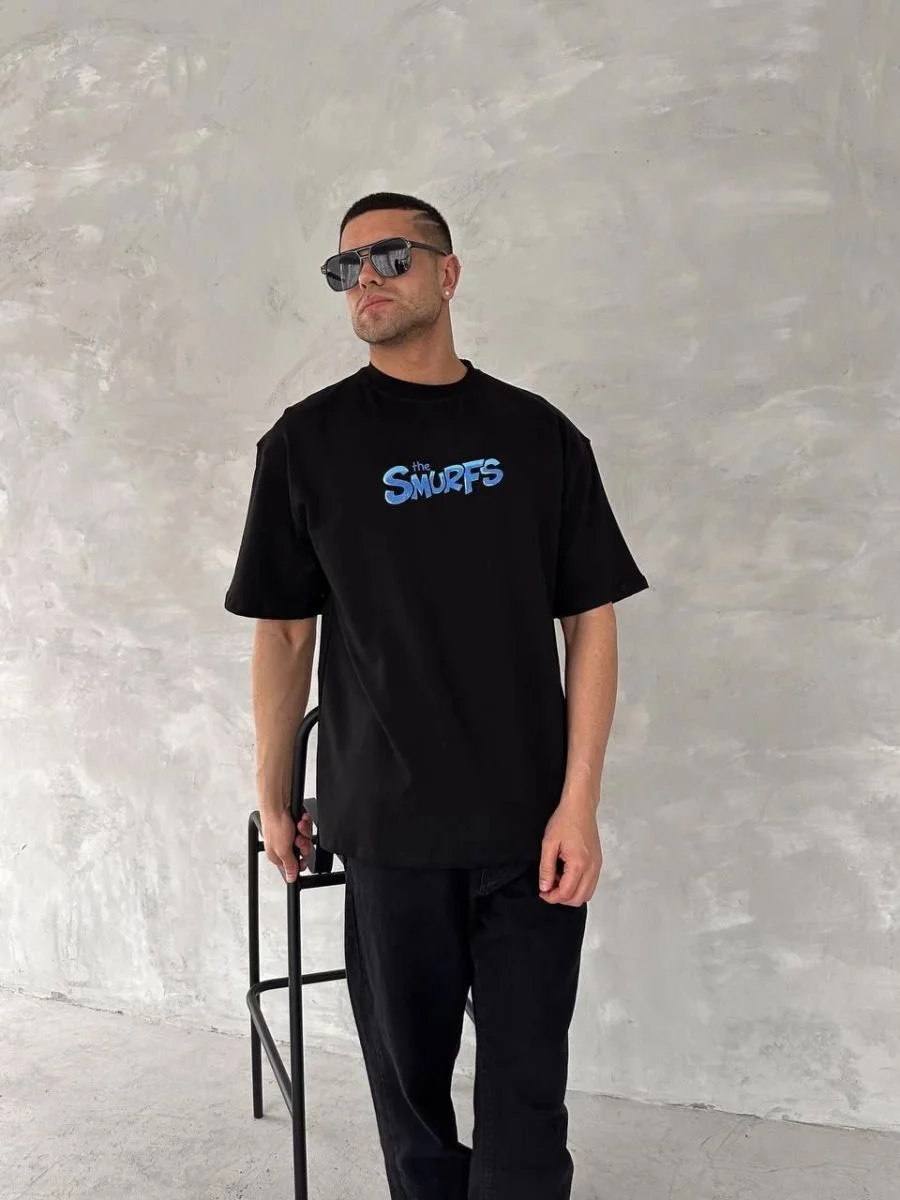 Erkek Ön ve Arka Baskılı T-Shirt Kısa Kol Bisiklet Yaka Regular Fit Tişört - Siyah
