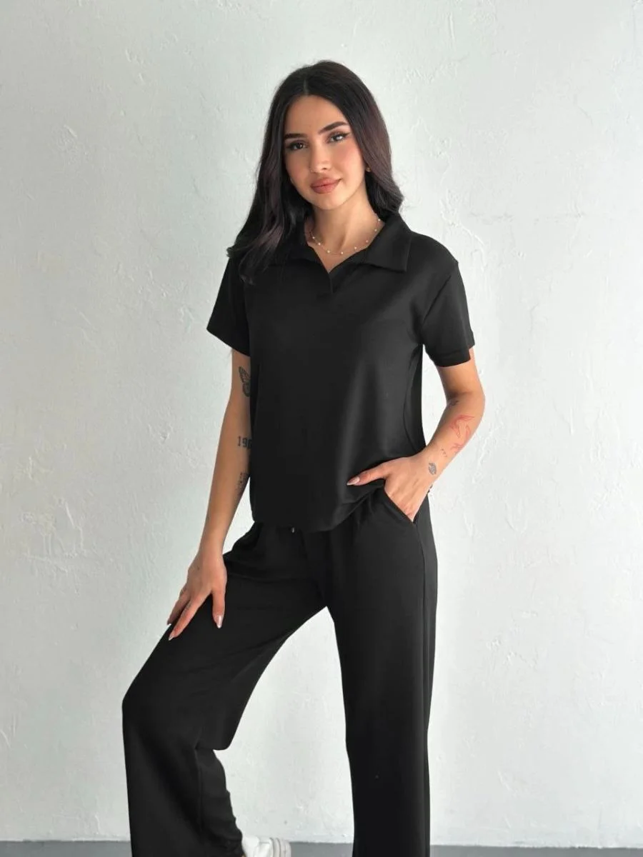 Kadın Osy Modal Yumuşak Dokulu Kumaş Kısa Kollu Yakalı T-shirt Pantolon ikili Takım- Siyah