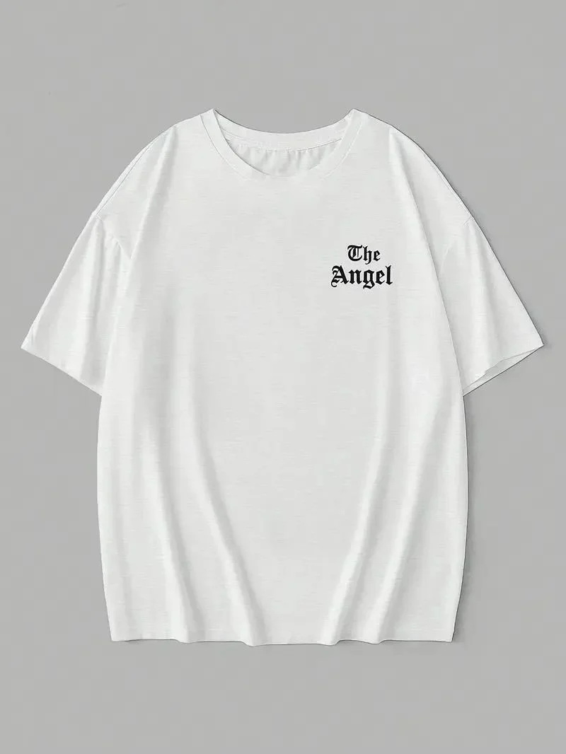 Kadın Kısa Kol Tişört Bisiklet Yaka Angel Melek Kanadı Baskılı T-Shirt - Beyaz