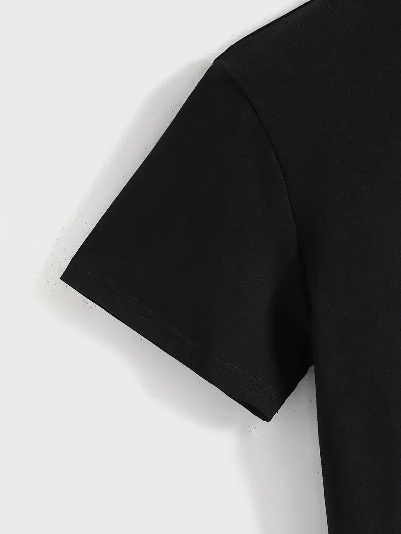 Kadın Baskılı Tişört Kısa Kol Bisiklet Yaka T-shirt - Siyah