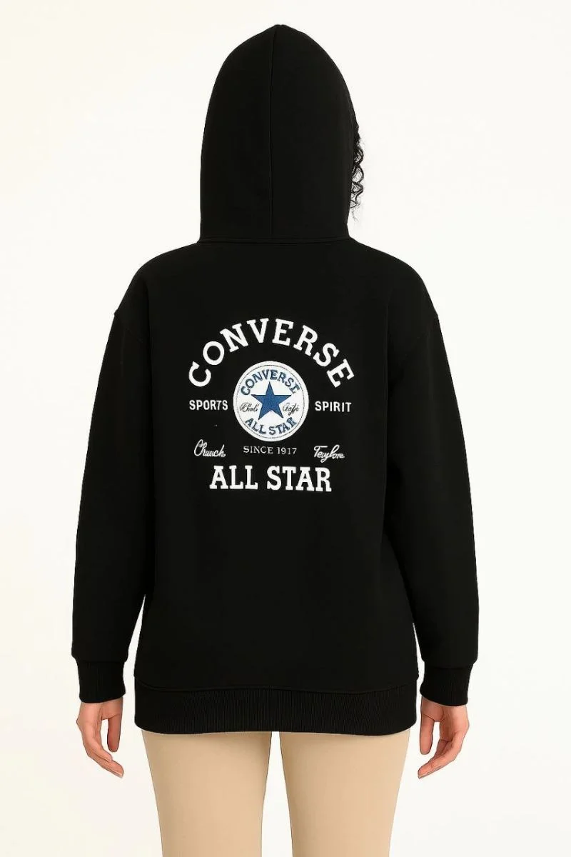 Kadın Kapüşonlu Kanguru Cepli Sweatshirt 3 İplik Pamuklu Baskılı Hoodie - Siyah
