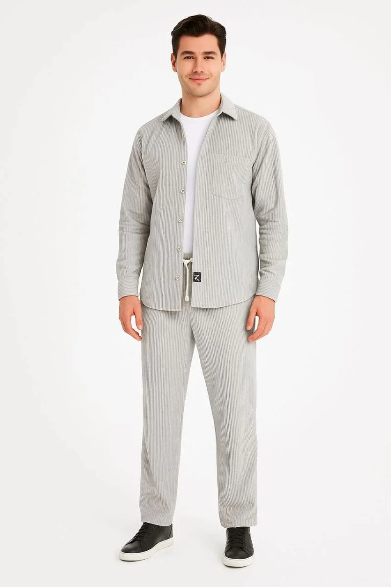 Erkek Kadife Oversize Takım Gömlek Pantolon İkili Set - Gri