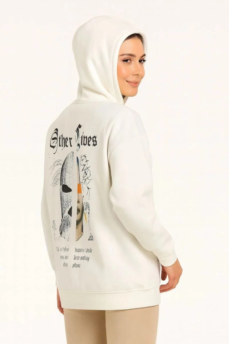 Kadın Oversize Kapüşonlu Kanguru Cepli Baskılı 3 İplik Pamuklu Sweatshirt Hoodie -   Beyaz