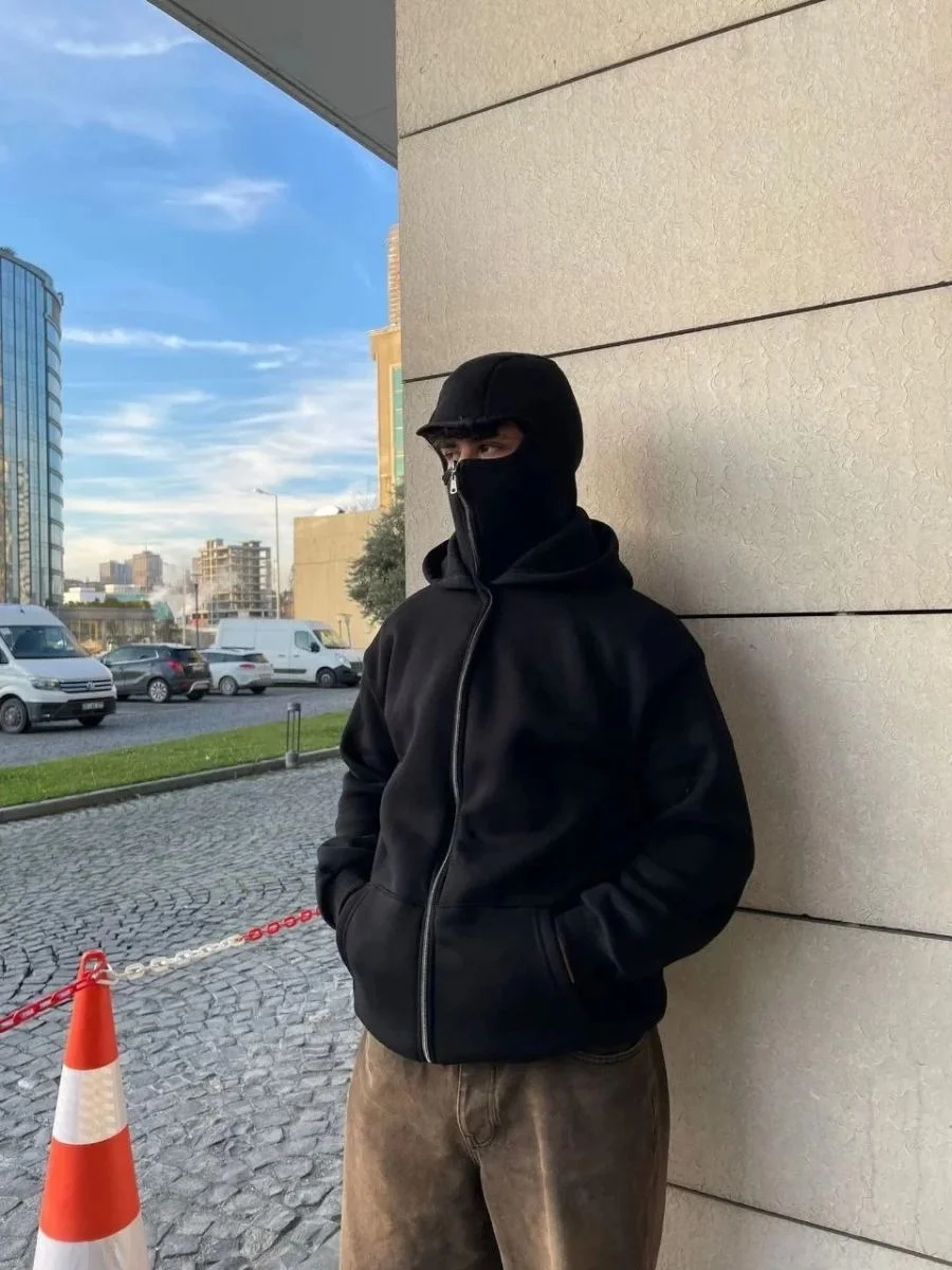 Samuray Ninja Çift Kapşonlu ZIP Fermuarlı Kanguru Çepli Tam Fermuarlı Hoodie Swetshirt - Siyah