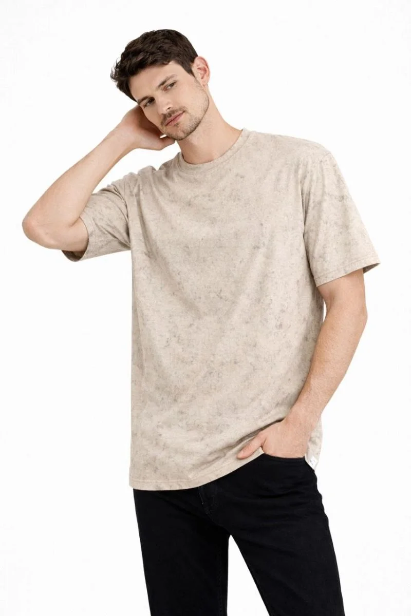 Erkek Asit Yıkama Bisiklet Yaka Kısa Kollu Oversize T-Shirt Tişört - Bej
