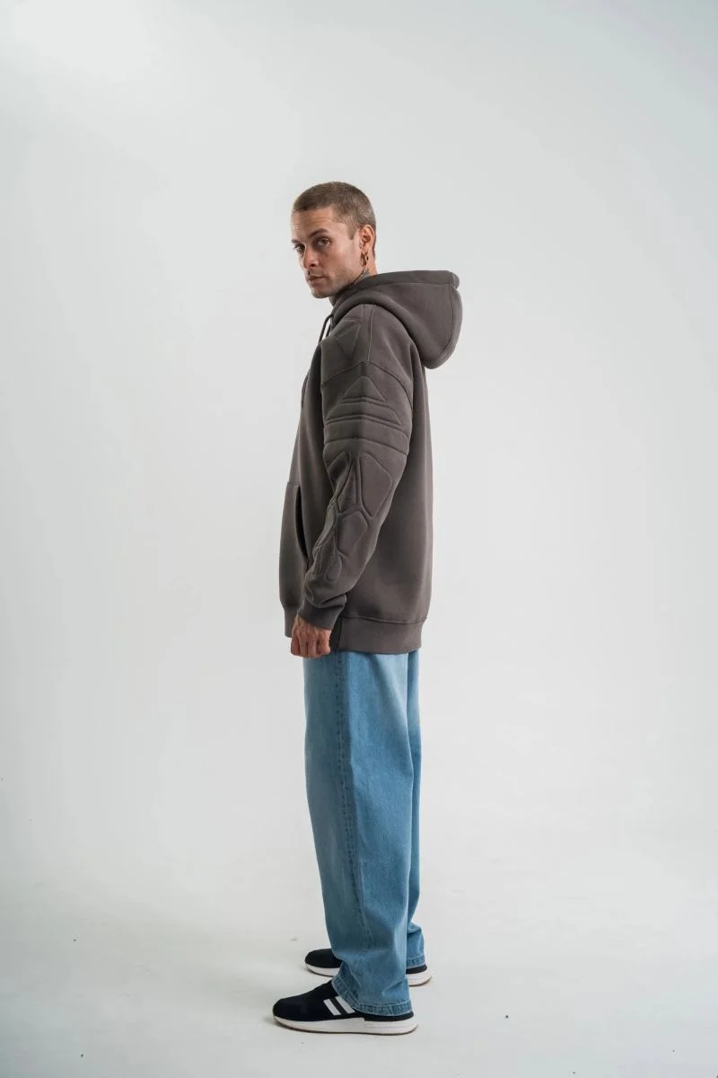 Erkek Nakışlı Kapüşonlu Oversize 3 İplik Pamuklu SweatShirt Hoodie - Füme