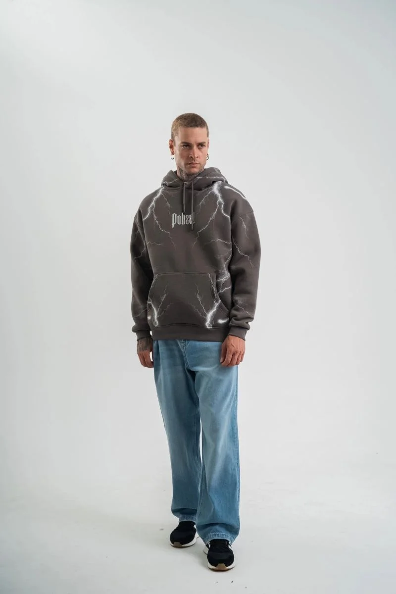 Erkek Baskılı Kapüşonlu Oversize 3 İplik Pamuklu SweatShirt Hoodie - Füme