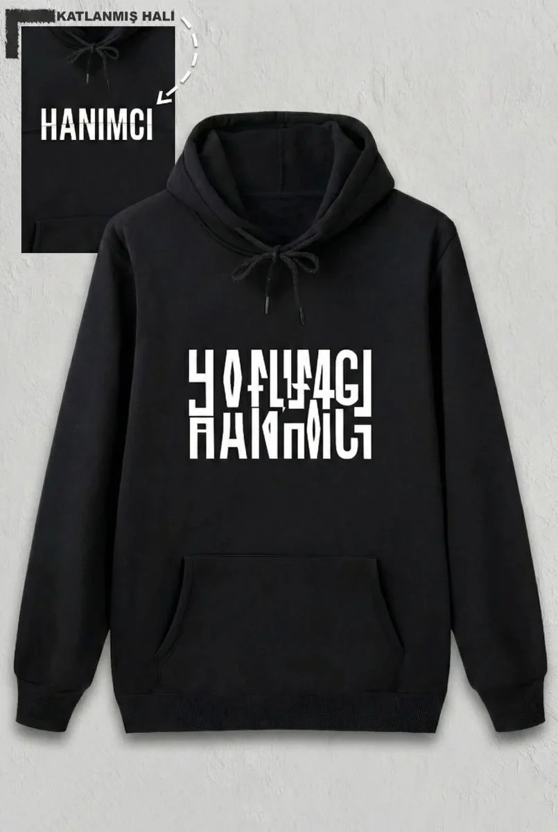 Sevgililer Günü Özel Kapüşonlu Hanımcı Baskılı Oversize Sweatshirt - Siyah